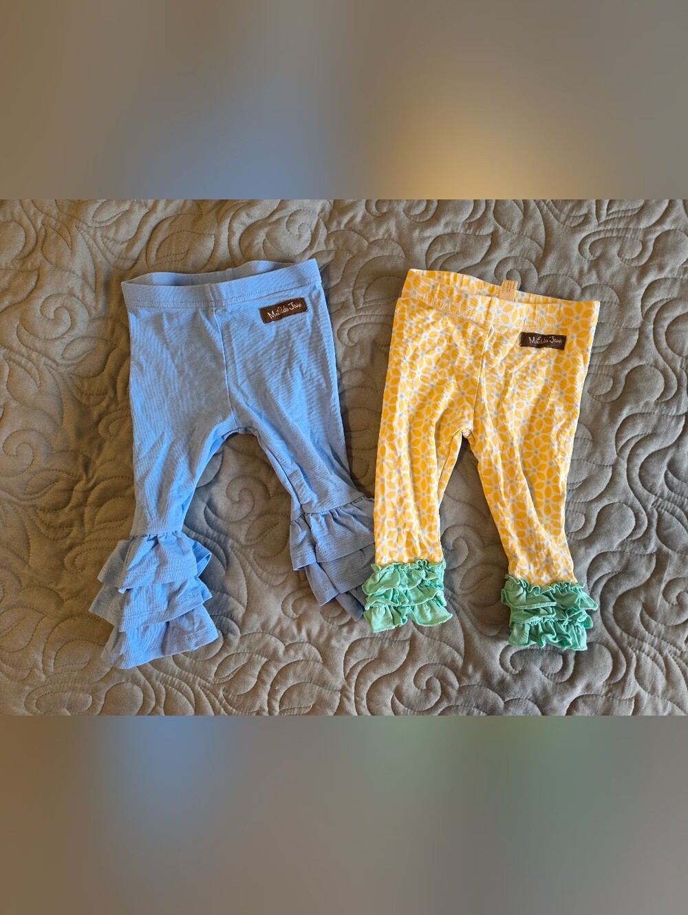 Matilda Jane Ruffle Leggings. 6-12 Month. 2 Pairs - Light Blue & Yellow & Mint.